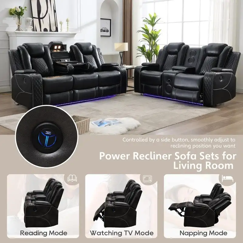 Power Reclining Sofa with Wireless Charger & LED Light – Faux Leather, Black