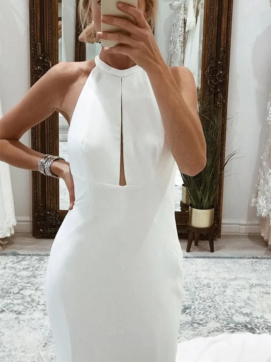 Simple White Halter Open Back Long Wedding Dress