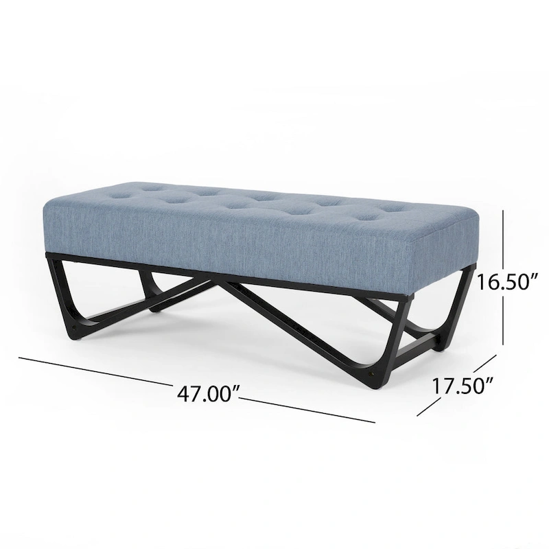 Liba Ottoman Bench, Button Tufted Light Blue Fabric, Black, 47 Inch