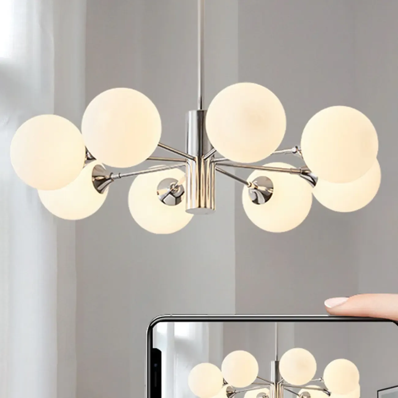 Modern Silver Sputnik Chandelier with White Globe Glass