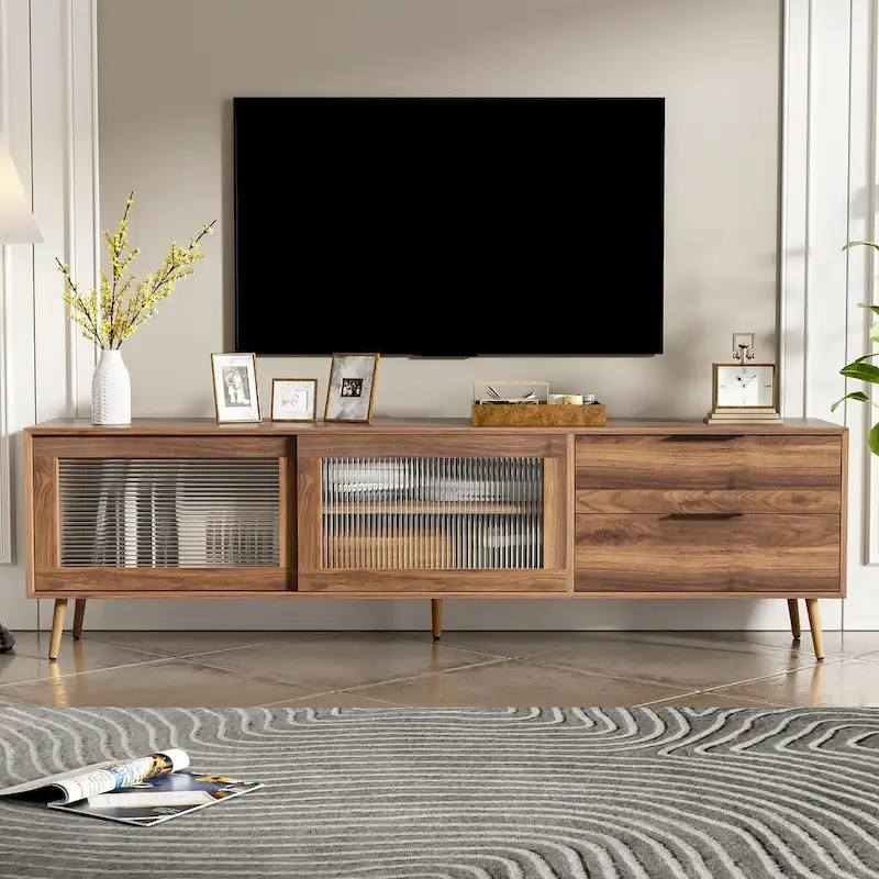 Modern TV Stand for 75 + TV, TV Console with 2 Glass Doors, Entertainment Center with 2 Drawers & Storage Cabinet