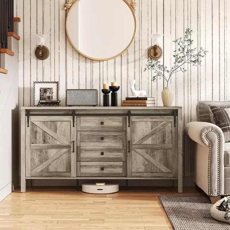 HOMCOM 59 Inch Farmhouse Sideboard Buffet Cabinet with Thick Top, Coffee Bar Cabinet with Sliding Barn Doors, Drawers, Adjustable Shelves