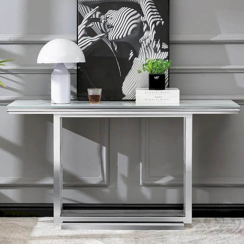 Glam 60 inch Rectangular Glass Console Table with Brushed Gold Stainless Steel Base