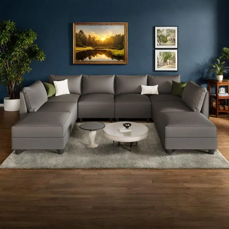 Grey / White Linen U-Shaped Sectional Sofa, 8-Seater with Storage Ottoman