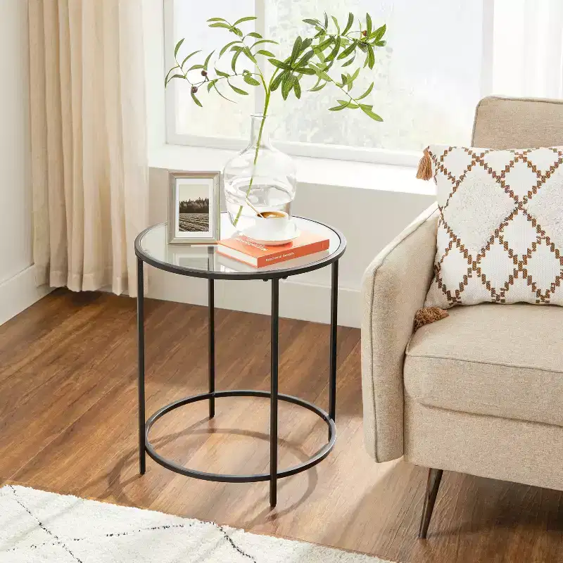 VASAGLE Round Side Tables, Set of 2, Glass End Tables with Metal Frame, Black Coffee Tables with Modern Style