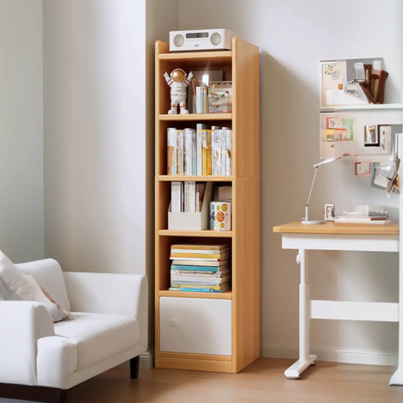 Narrow 6-Shelf White Wooden Bookcase with Cabinet