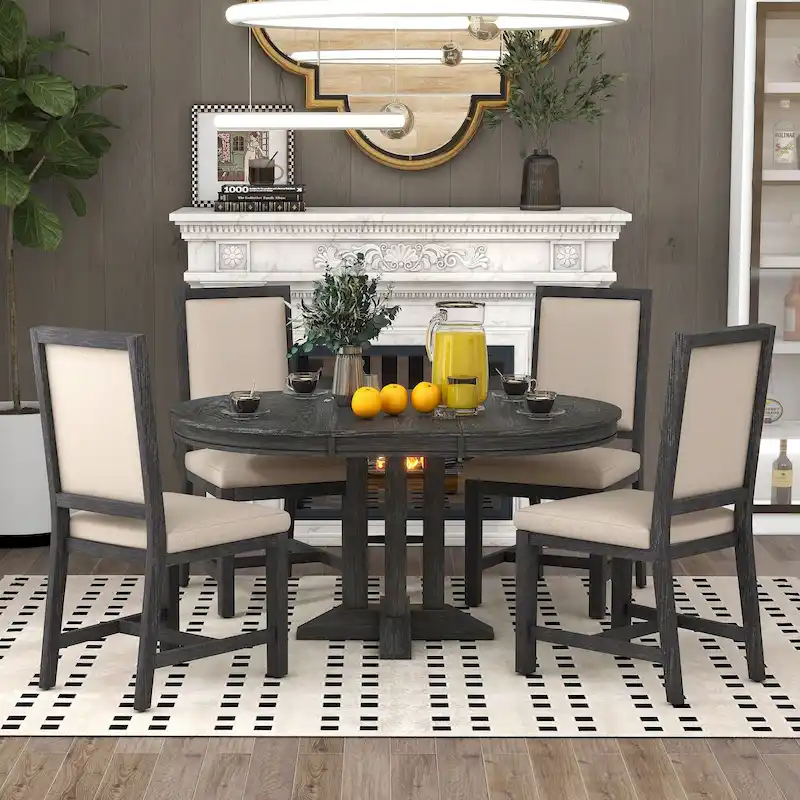 Rustic Farmhouse Dining Table and Chair Sets Extendable Round Table and Chair Sets with Adjustable Table Top for Dining Room