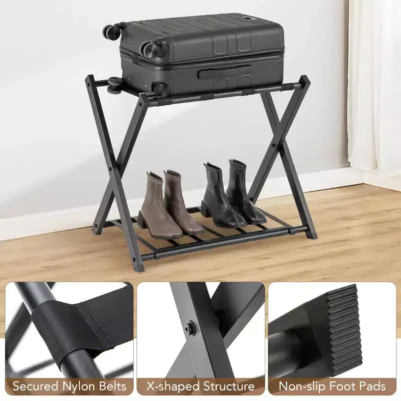 Costway Set of 2 Folding Metal Luggage Rack Suitcase Shoe Holder Hotel Guestroom w/Shelf