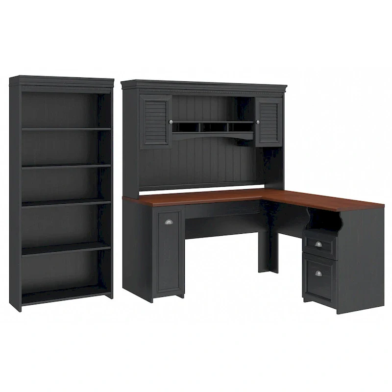 Fairview 60W L Shaped Desk with Hutch and Bookcase by