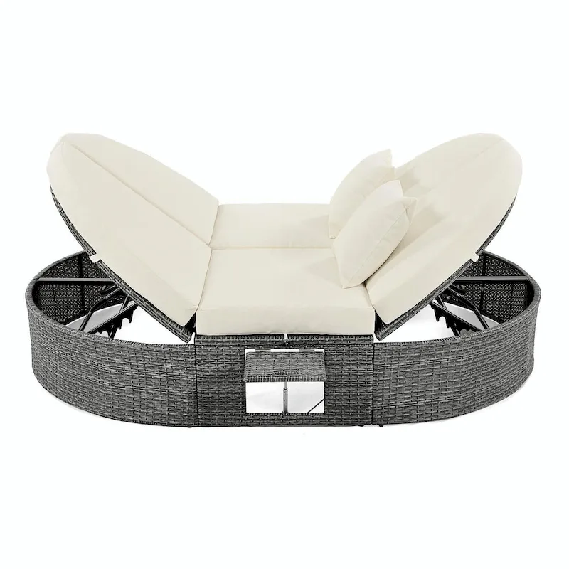 Rattan Patio Daybed with Cushions, Reclining Chaise Lounge, Foldable Trays