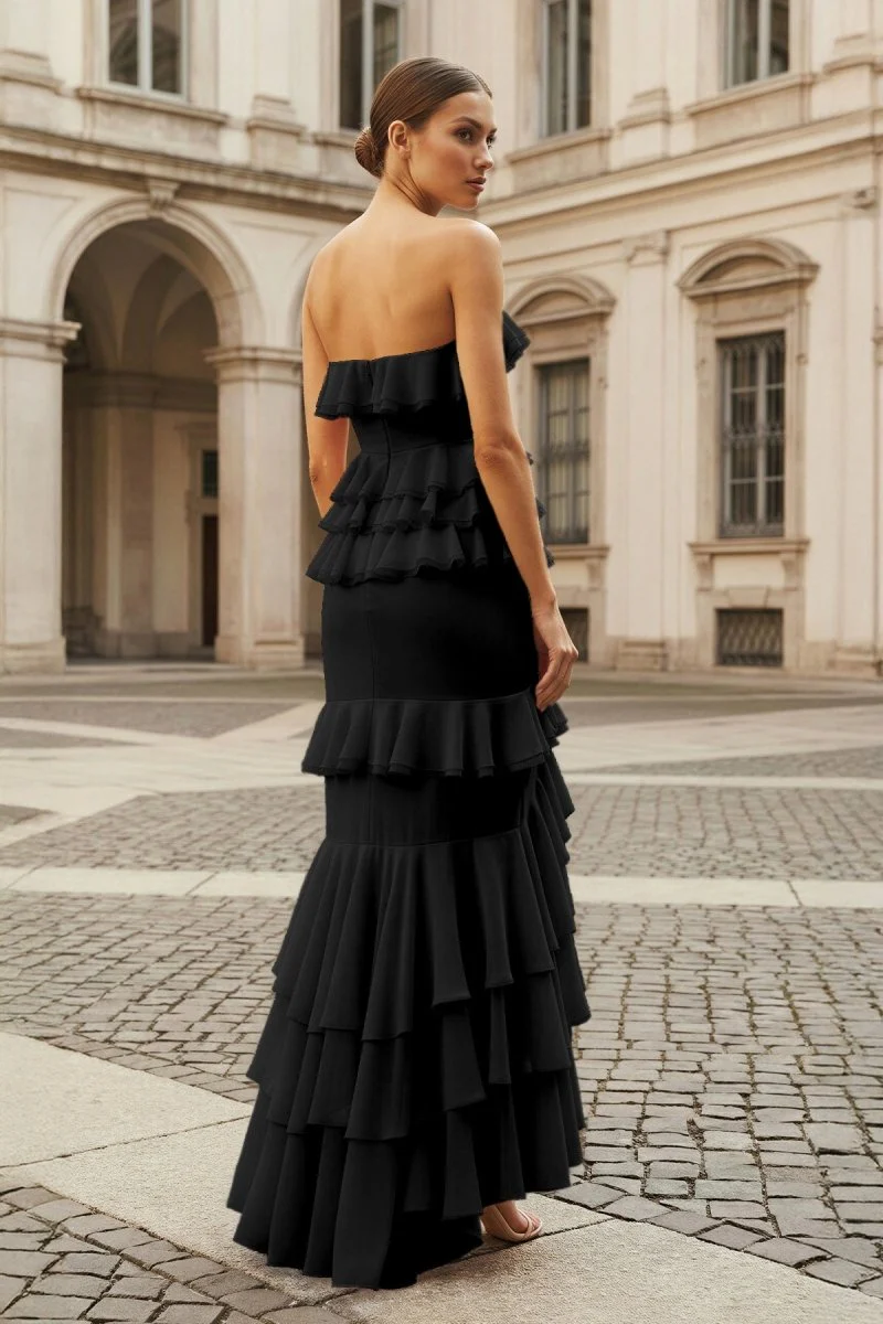 Pink Strapless Sheath Chiffon Ruffled Long Prom Dresses