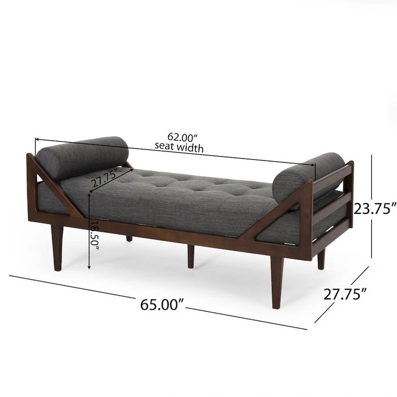 Charcoal Modern 65 Button Tufted Chaise Lounge Chair with Bent Wood Desing and Rolled Accent Pillows