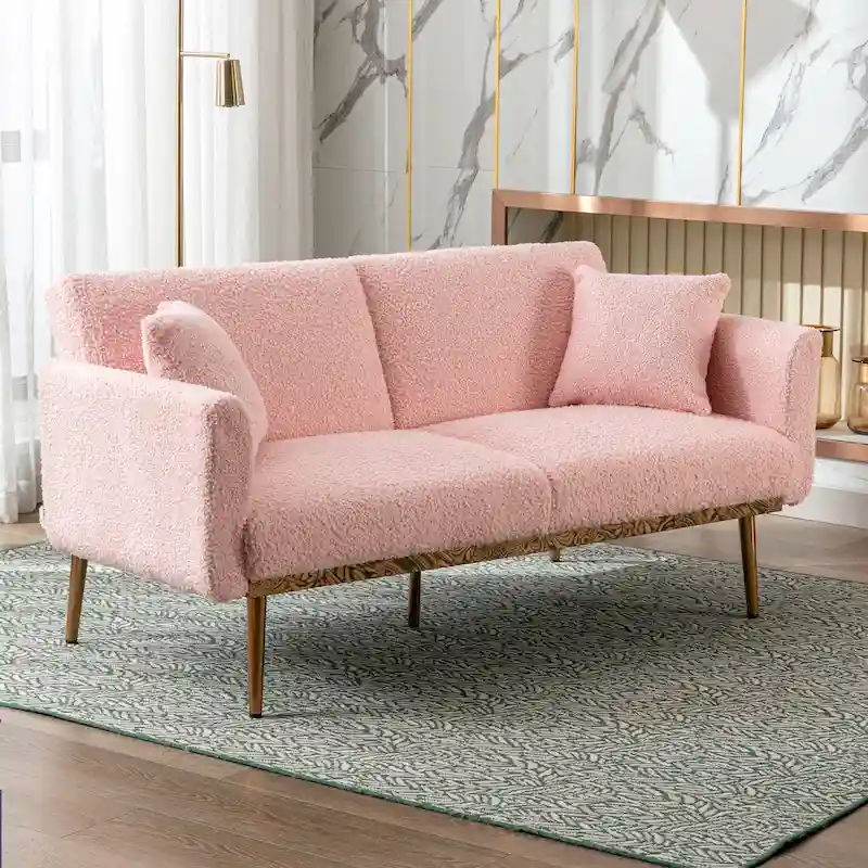 Teddy Fabric Upholstered Tufted Loveseats Sleeper Sofa With Rose Golden Legs