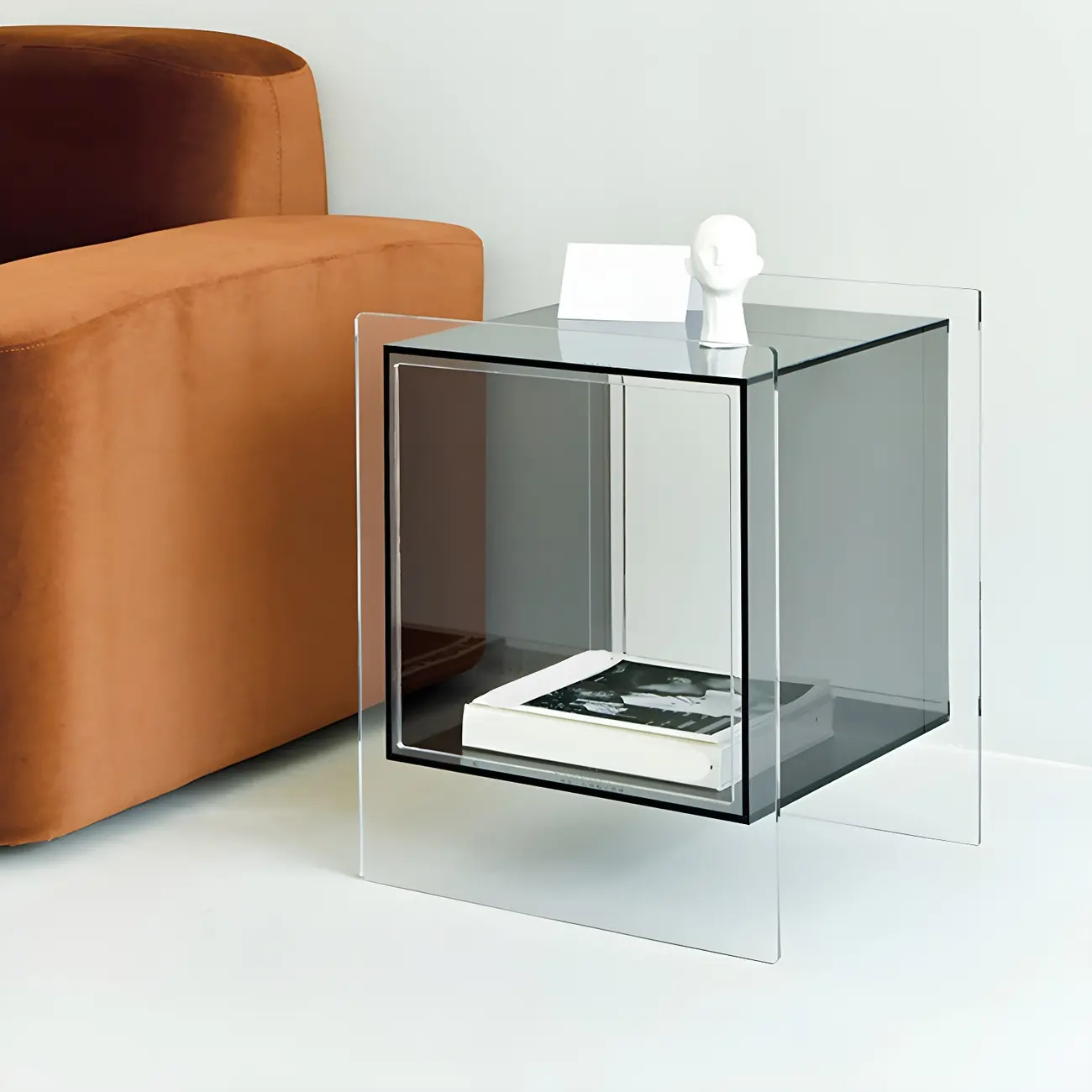 Modish Transparent Acrylic Nightstand with Open Shelf & Wheels