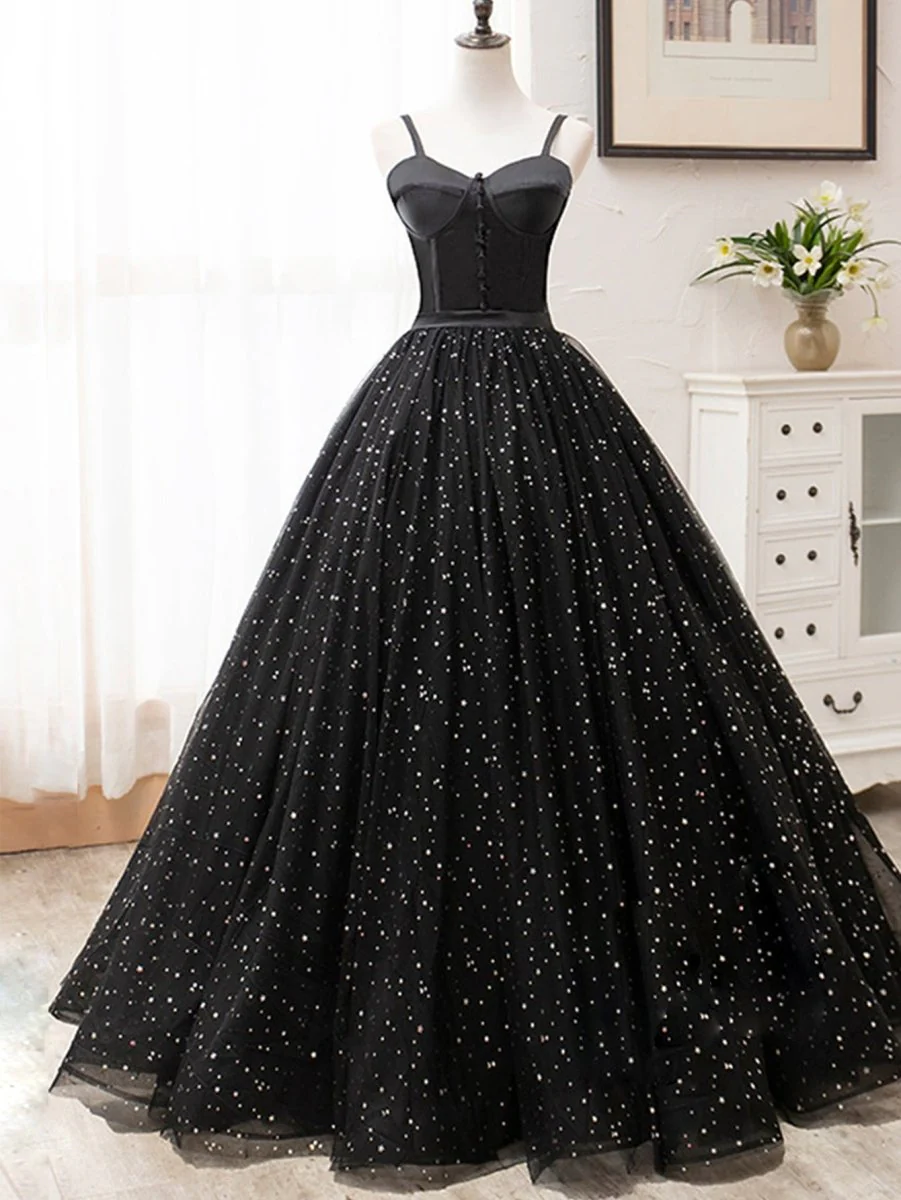 Spaghetti Straps Glitter Black Long Prom Dress