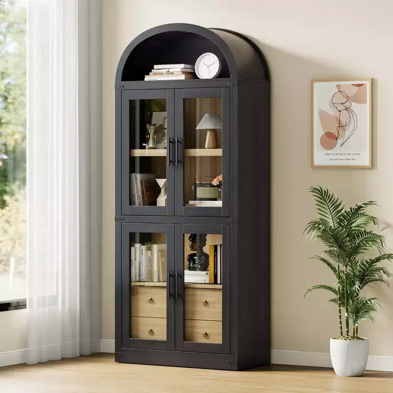 71 Tall Bookshelf, 4 Tier Book Shelf with 2 Storage Drawers, with Doors, 15.83In Depth Wood Bookshelf for Home Office, Living Room, Bed Room
