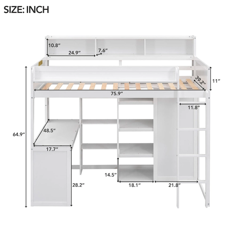 Twin Loft Bed w/Storage Shelves, Under-Bed Desk, Wooden Bed Frames