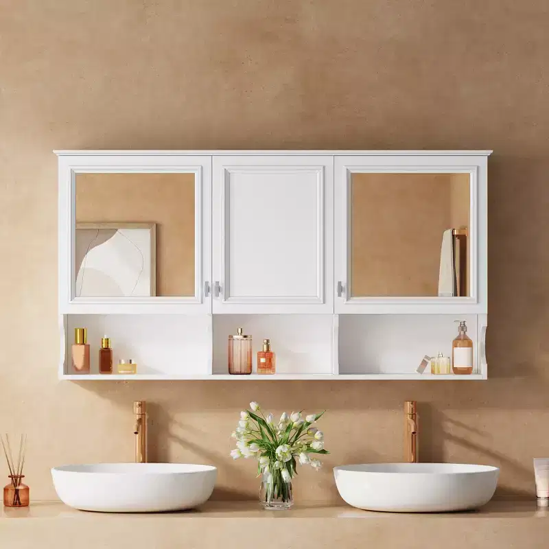 GDFStudio Ermias 55 Wall-Mount Double Mirror Medicine Cabinet With Three Doors And Open Shelves