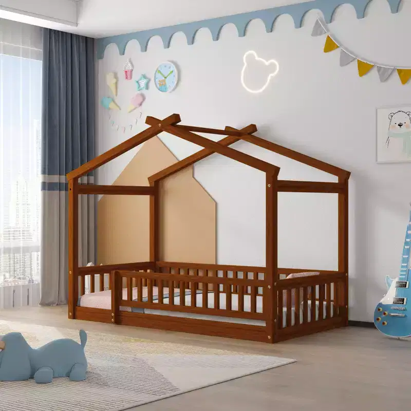 Twin/Full Wood Floor Bed Frame, House-Shaped Bed Daybed with Fence for Kids Teens Girls Boys