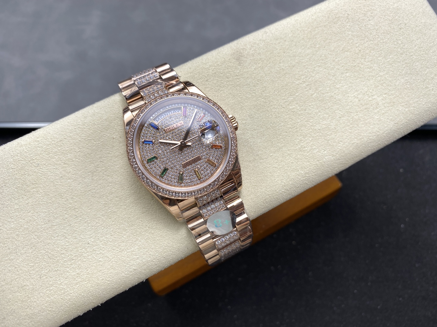Rose gold Rolex Day-Date super clone with diamond-paved dial, bezel and bracelet