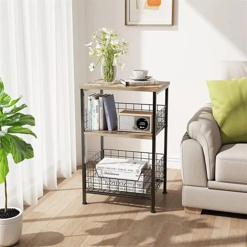 Industrial Retro Side Table Nightstand Storage Shelf - 11.8 D x 15.7 W x 25 H