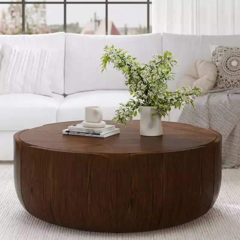 35.63 Round Outdoor Indoor Coffee Table, Modern Wood Grain Drum Center Table