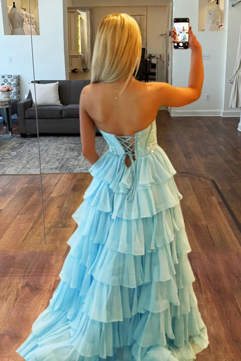 Sky Blue - A Line Strapless Chiffon Beaded Corset Long Prom Dress With Slit