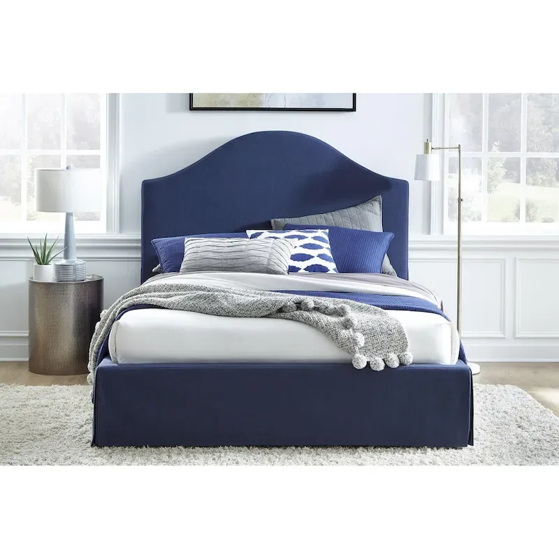 Upholstered Skirted Storage Panel Bed in Navy – Modern Bedroom Design