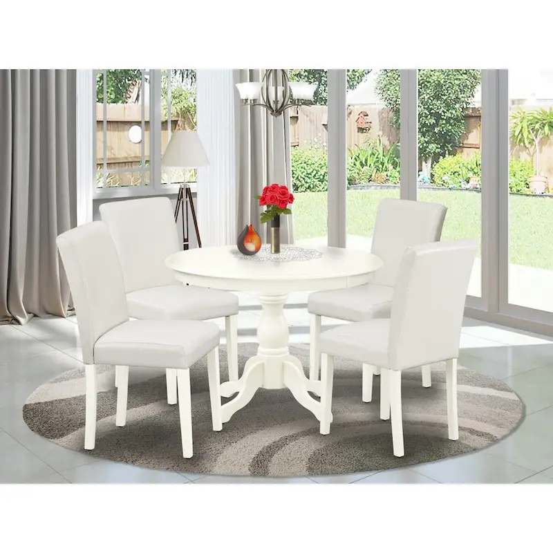 East West Furniture 5 Piece Dinette Set- a Round Dining Table and 4 Parson Dining Chairs, (Finish & Upholstered Option)