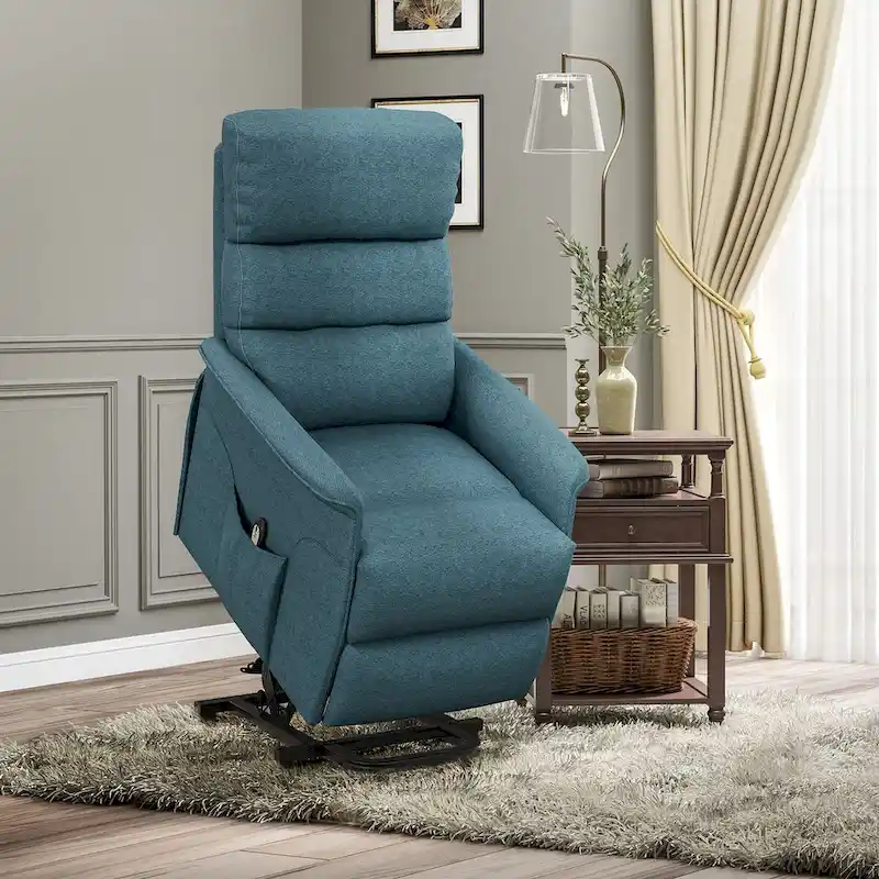 Beige / Blue Fabric Power Lift Recliner Chair for 1 Person with Remote Control