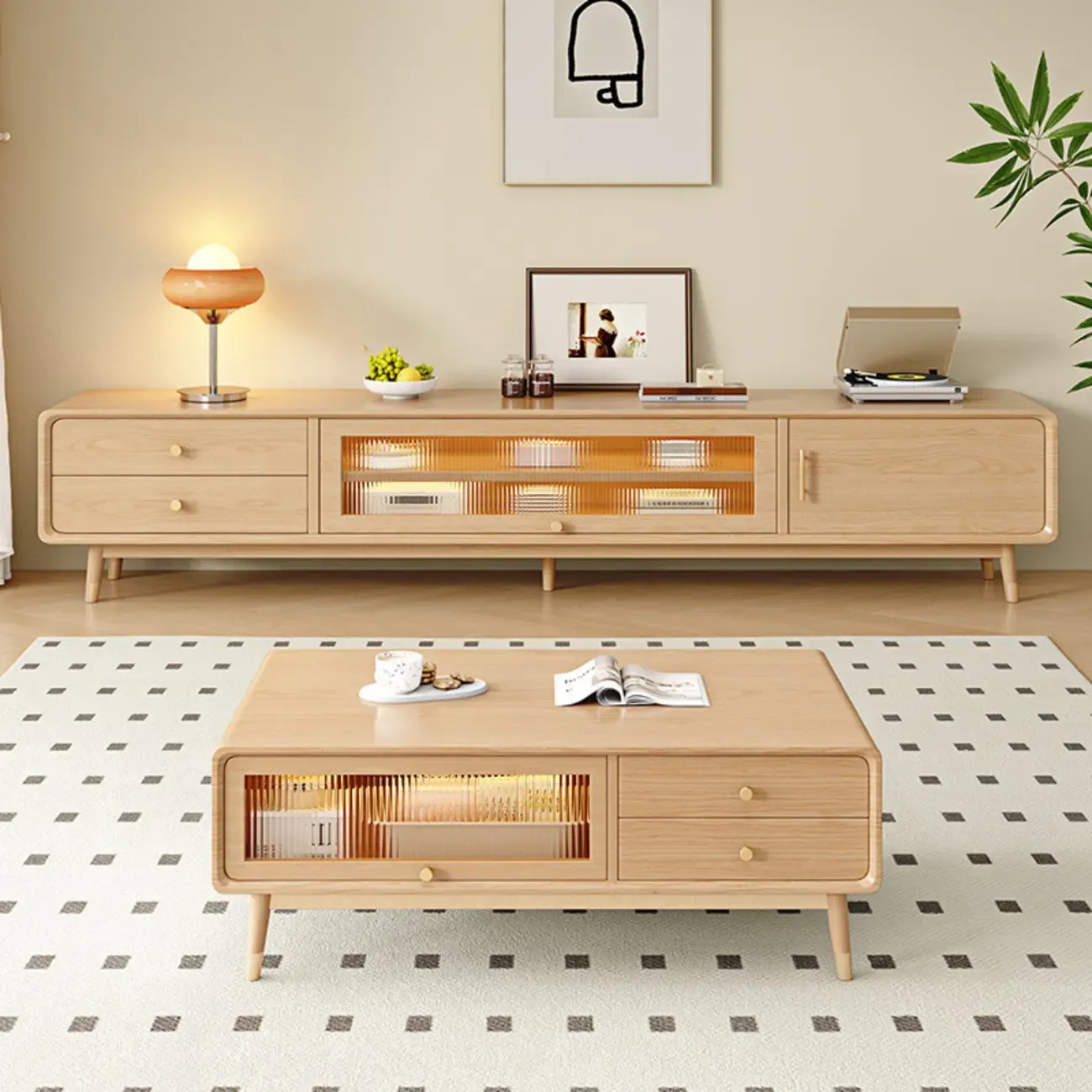 Scandinavian Natural Wood TV Stand with Storage Drawers