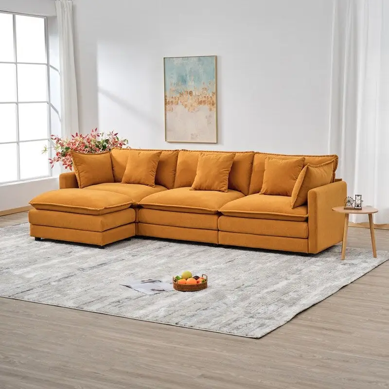Beige / White / Orange Chenille 3-Seater Sofa with Ottoman