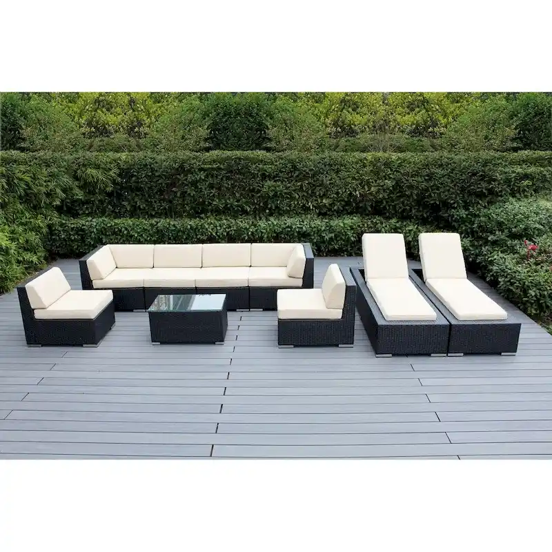 Ohana Outdoor Patio 9 Piece Black Wicker Sofa and Chaise Lounge Set - No Assembly