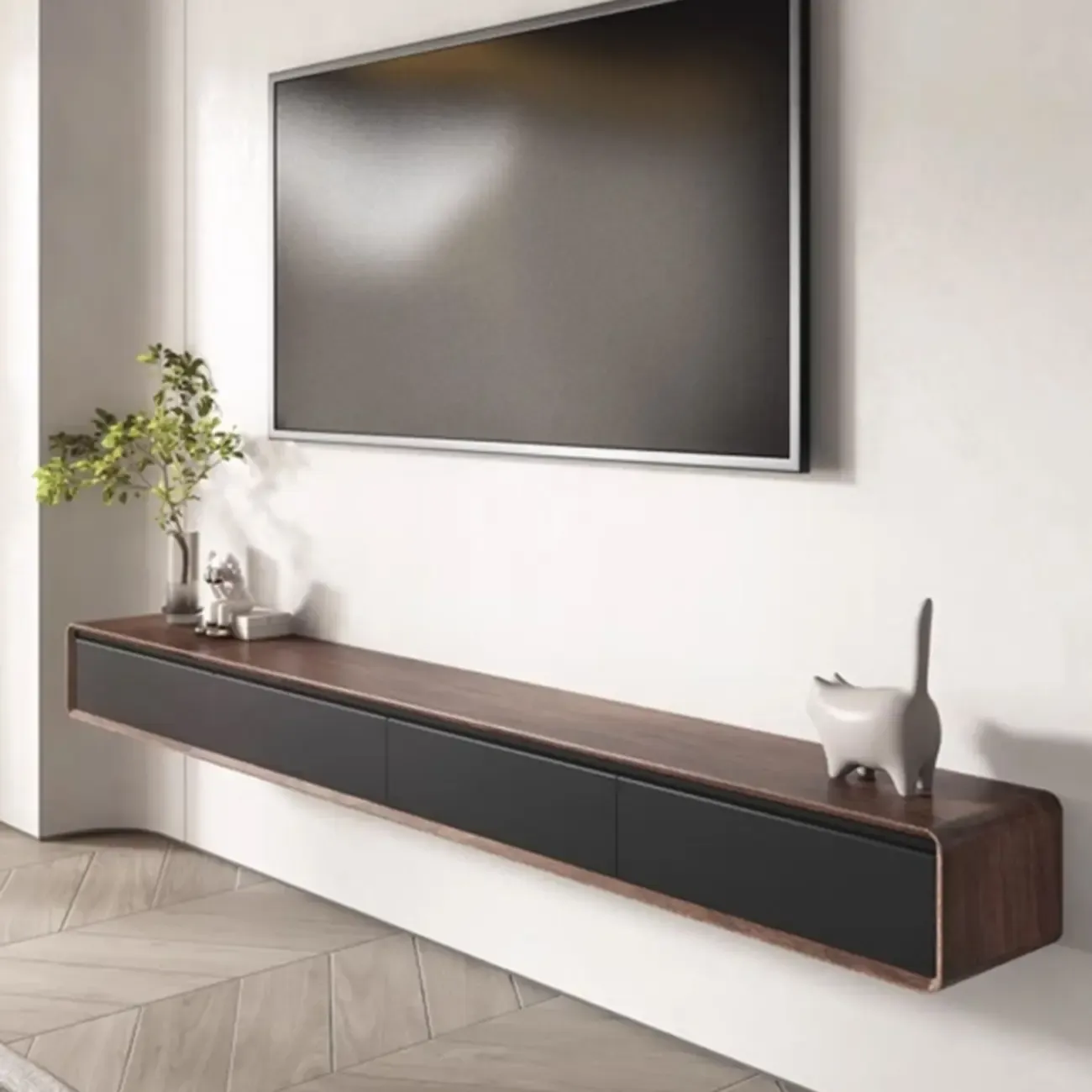Walnut-Black Wood Drawers Floating Mount TV Stand Wall-Mounted
