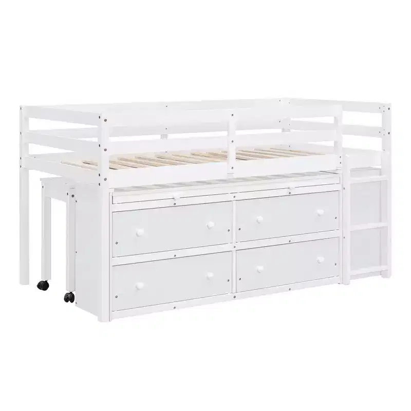 Luxystar Low Loft Bed with Desk, 4 Drawers and Bookcase