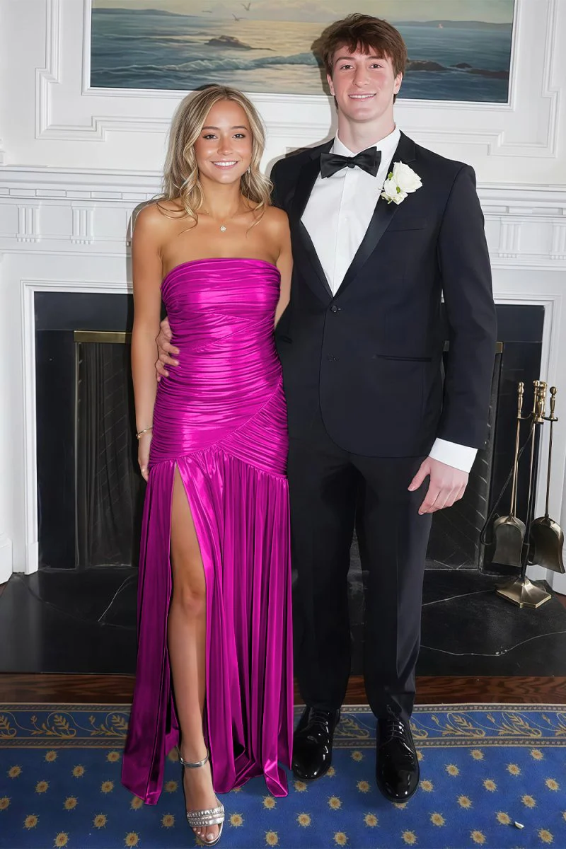 Champagne Mermaid Strapless Metallic Long Prom Dresses with Pleats