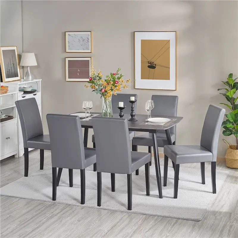 High-Back Faux Leather Dining Chairs with Foam Cushion & Rubberwood Legs – Black / Grey / Brown / White