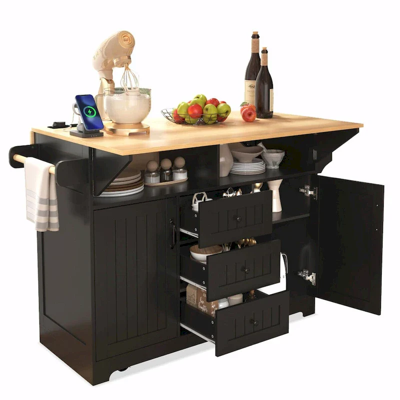55.7 Kitchen Island with Drop Leaves, Rolling Cart with Power Outlet, Spice Rack, and 3 Drawers