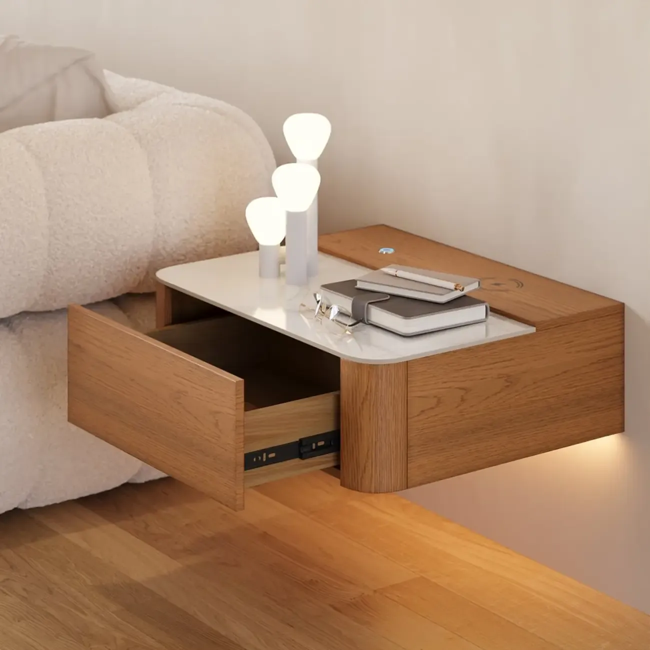 Wireless Cherry Wood Floating Nightstand with Drawers & Light