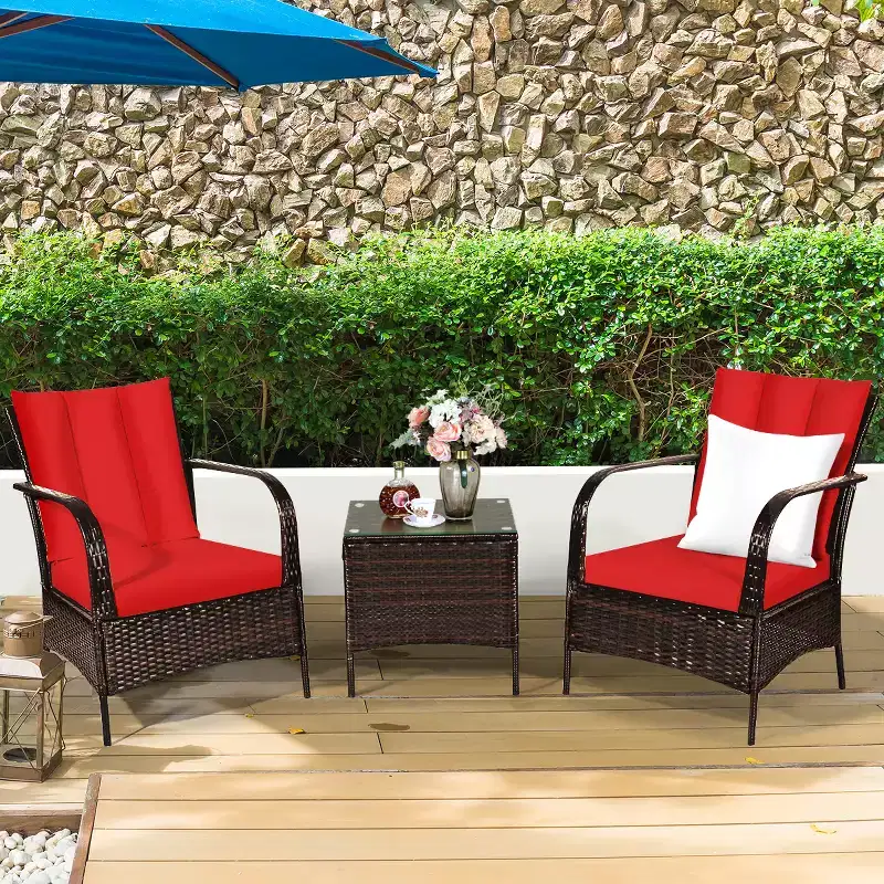 Costway 3 PCS Patio Wicker Rattan Furniture Set Coffee Table & 2 Rattan Chair W/Cushions