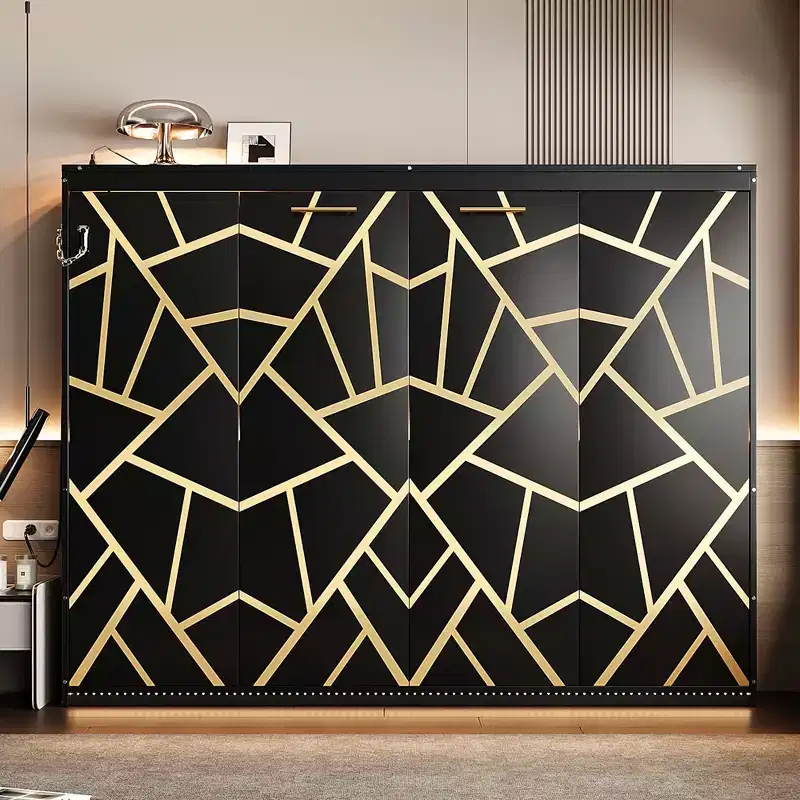 GDFStudio Reed Modern Side-Folding Murphy Bed with Trendy Printed Pattern, LED and USB