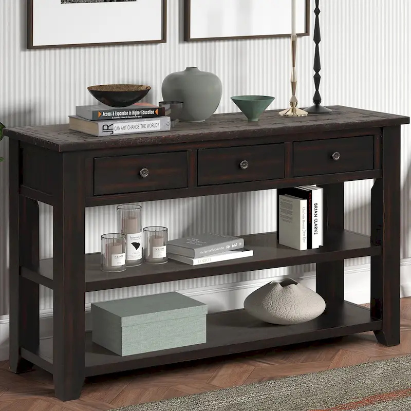 Modern Solid Pine Wood Top Console Table with 3 Drawers and 2 Shelves