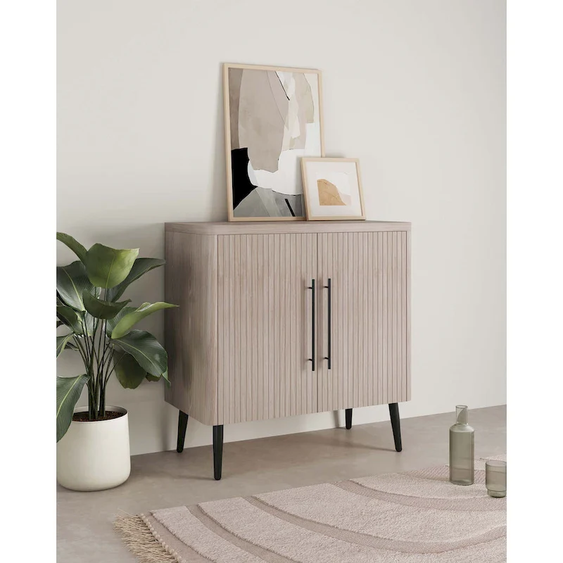 Wood Ribbed Accent Cabinet with Black Metal Legs - 32 inch TV Stand