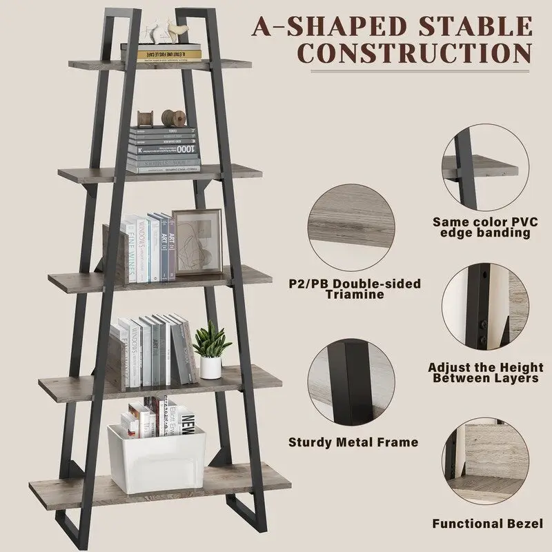 5-Tier Industrial Bookshelf with Metal Frame