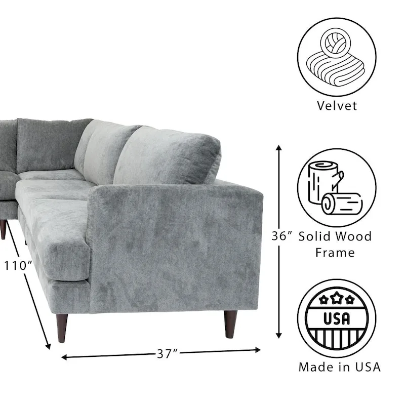 Coast to Coast Sofas Contemporary L Shaped Sectional Sofa Velvet Solid Wood Frame Upholstered