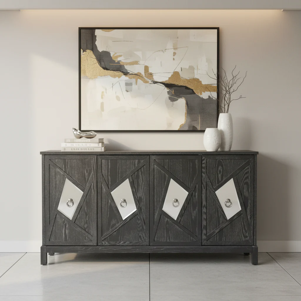 Modern 4-Door Cabinet Sideboard Buffets with Mirrored Decorative Doors