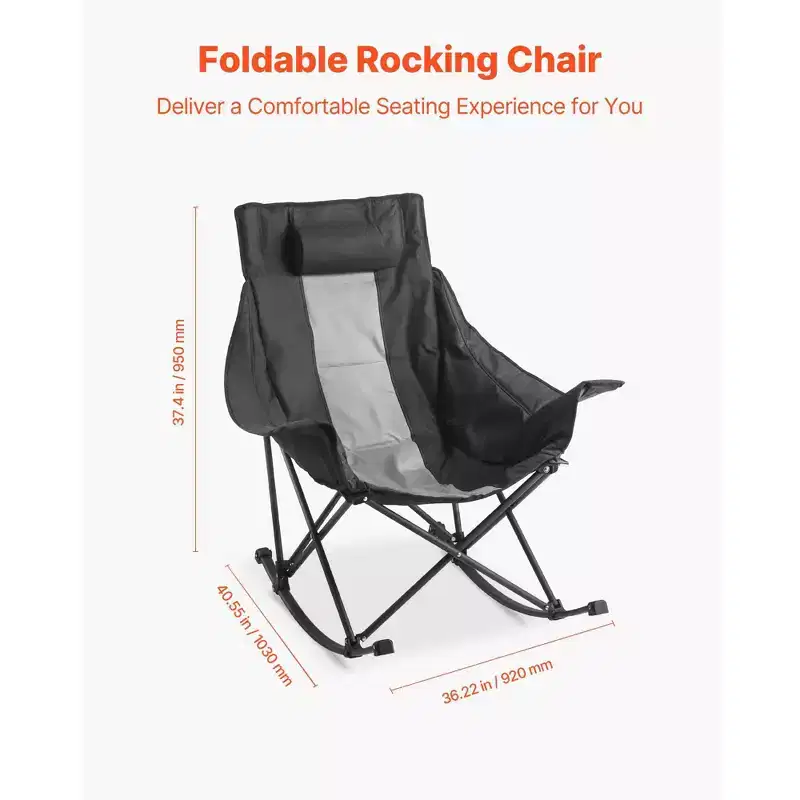 Folding Rocking Camping Chair with Cup Holder Pocket Padded Seat 225 lbs Black Gray