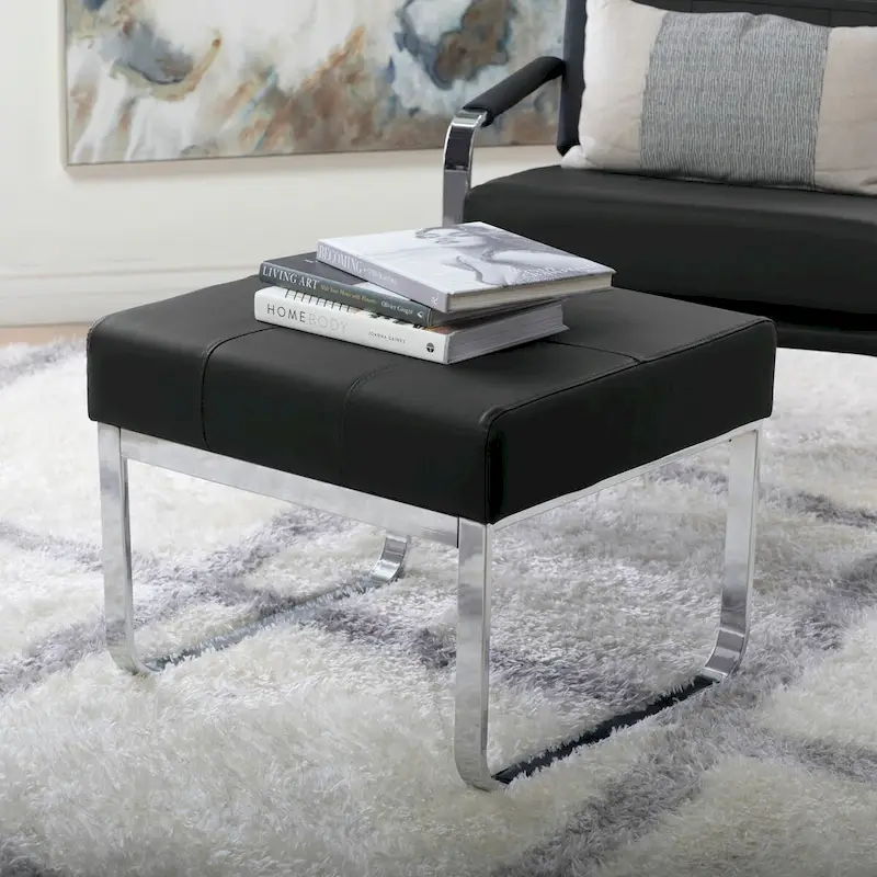 Modern Bonded Leather Ottoman with Chrome Legs – Caramel or Smoke