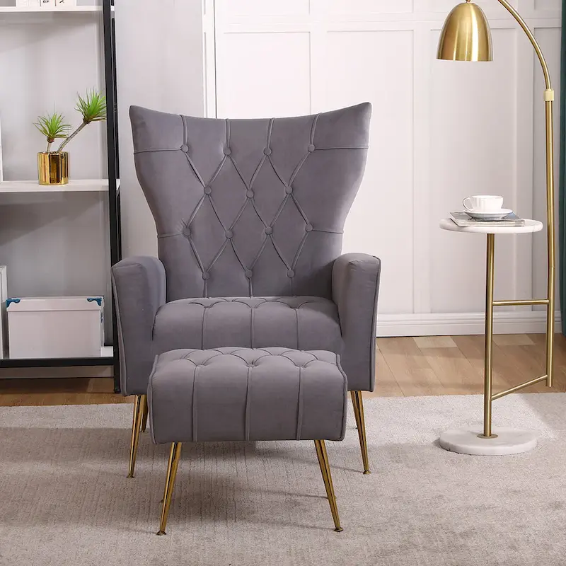 Gray Wingback Accent Chair with Ottoman Set