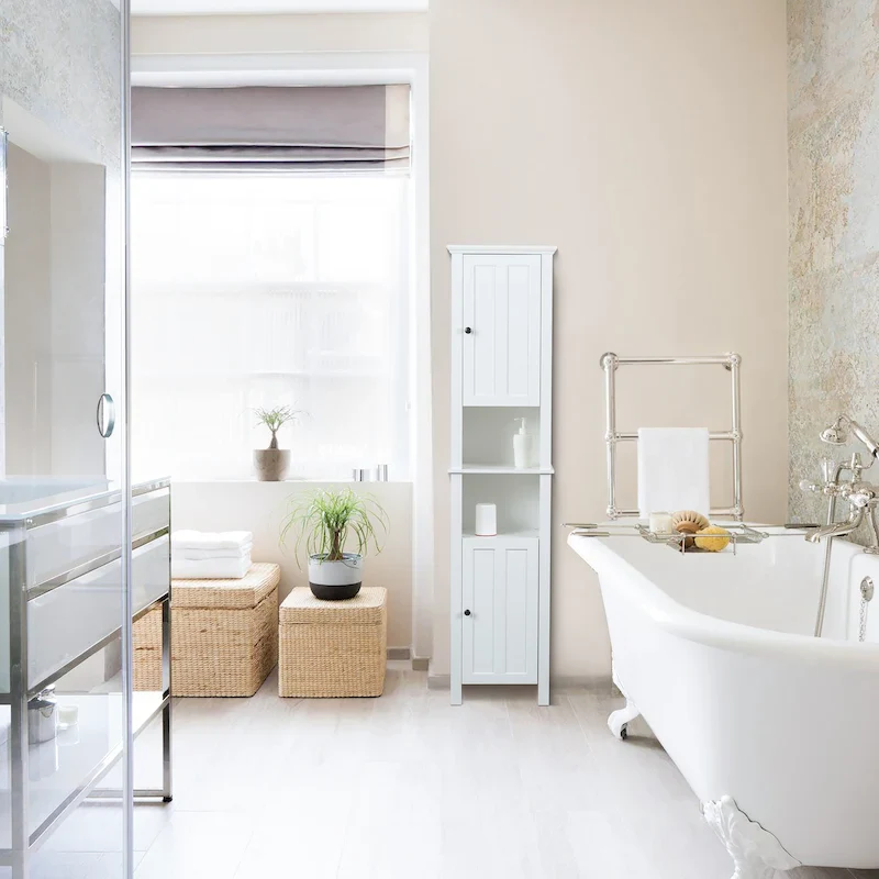 White MDF Wood 67-Inch Tall Tower Bathroom Linen Cabinet